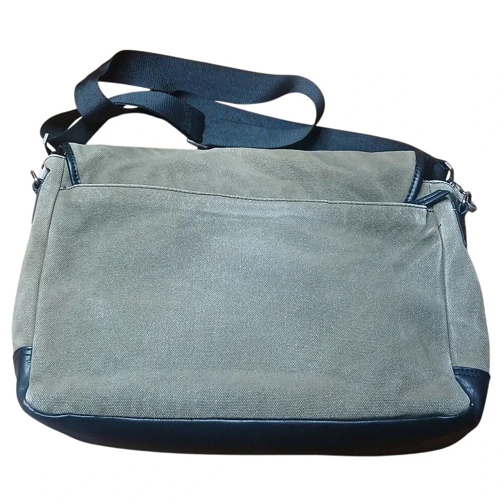 Fossil Messenger Bag Mens Tan Canvas Faux Leather Buckle Strap Laptop